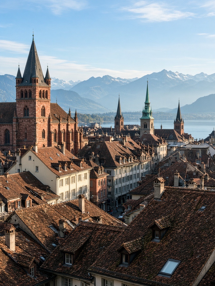 Location, old town roofs, red sandstone