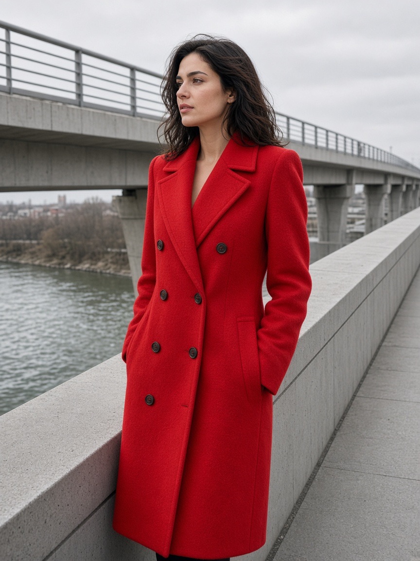Fashion, red coat, concrete bridge